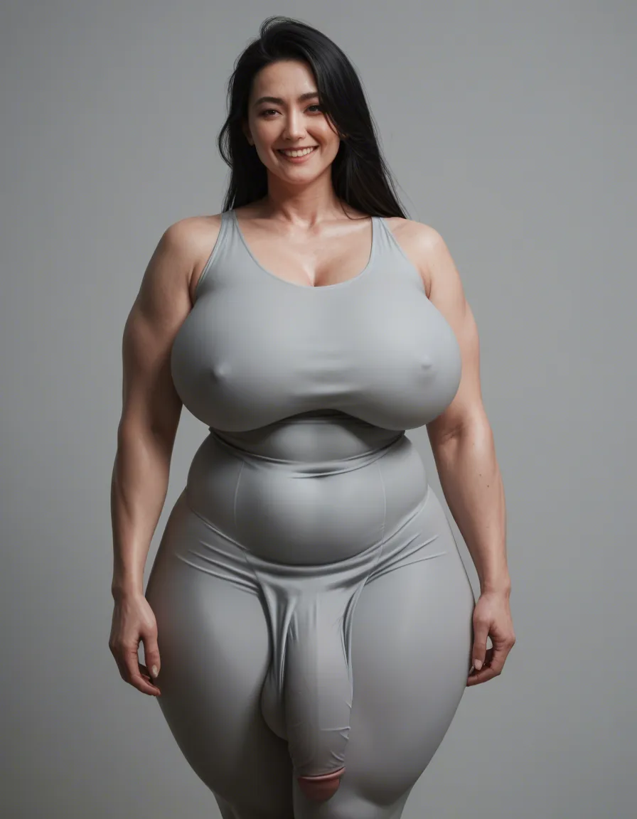 Chubby,milf,Korean woman,pale skin,futanari,shemale,long straight black hair,insanely gigantic breasts,insanely gigantic thighs,insanely gigantic clothing bulge,flaccid penis,seductive smile,soft penis,fat ass,wearing a skin tight light gray dress,bulge in her clothing,hands resting on her lower stomach,full body shot,side view,fully clothed, score_9, score_8, candid photo, realistic skin texture, visible skin pores, film grain, depth of field