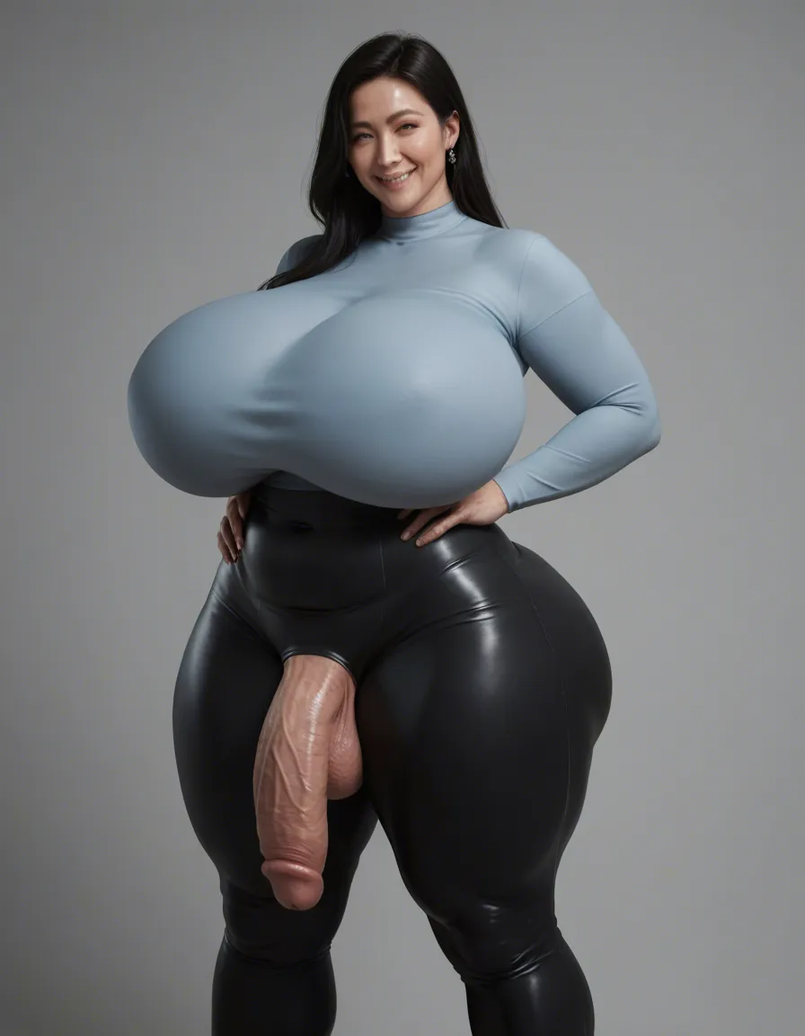Chubby,milf,Korean woman,pale skin,futanari,shemale,long straight black hair,insanely gigantic breasts,insanely massive breasts,insanely gigantic thighs,insanely gigantic clothing bulge,flaccid penis,seductive smile,soft penis,fat ass,wearing a skin tight light gray dress,bulge in her clothing,resting her hands on her lower stomach,full body shot,side view,fully clothed,blushing,lots of cleavage, score_9, score_8, candid photo, realistic skin texture, visible skin pores, film grain, depth of field