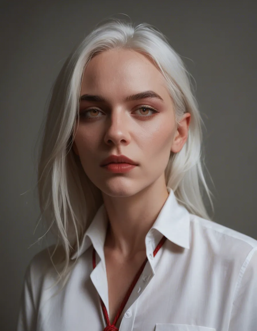 ultra HD, lifelike, succubus, white hair, collared shirt, bondage, dslr quality, score_9, score_8, candid photo, realistic skin texture, visible skin pores, film grain, depth of field