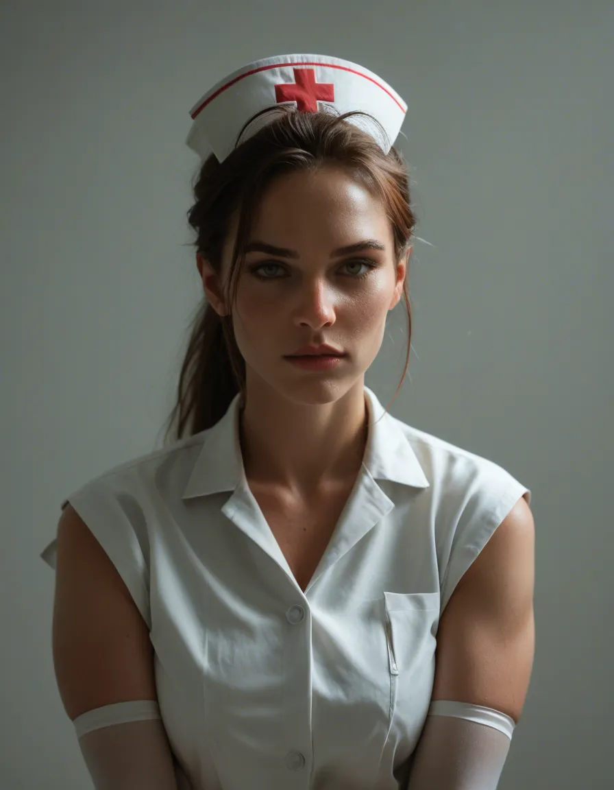 highly detailed, natural lighting, nurse, ponytail, elbow gloves, presenting, cinematic realism, score_9, score_8, candid photo, realistic skin texture, visible skin pores, film grain, depth of field