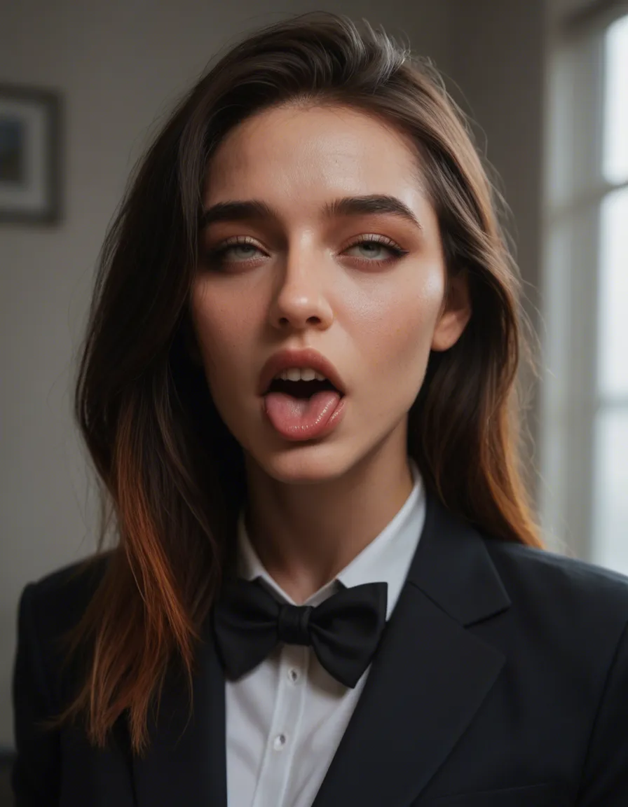 8k, sharp focus, detailed skin, office lady, two-tone hair, bowtie, ahegao, warm tones, hyperrealistic, score_9, score_8, candid photo, realistic skin texture, visible skin pores, film grain, depth of field