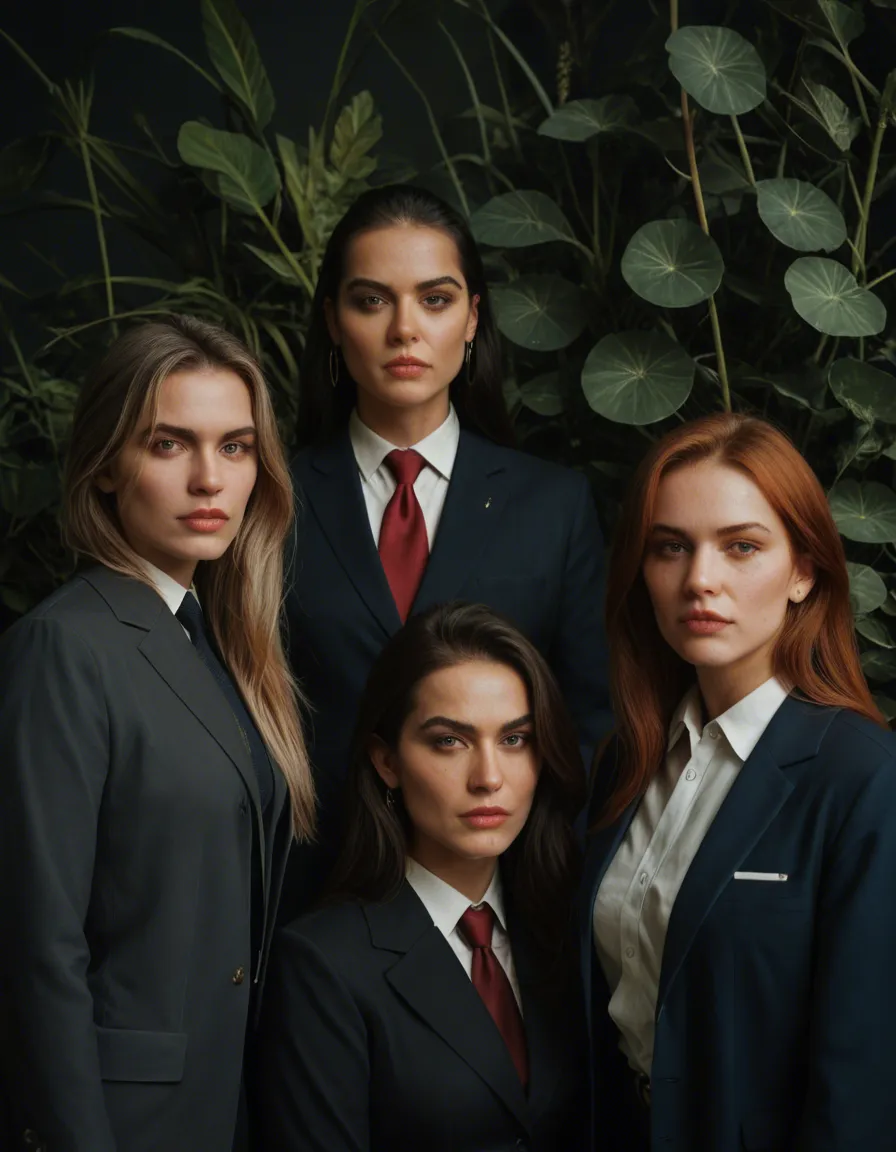 professional photo, high detail, 4girls, presenting, mole, plant, wild energy, film photography, score_9, score_8, candid photo, realistic skin texture, visible skin pores, film grain, depth of field
