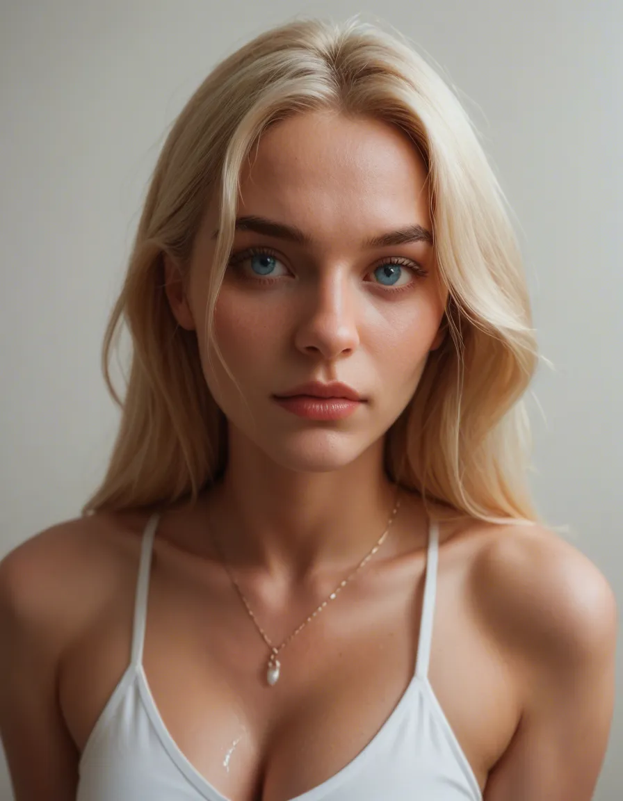 blonde_hair blue_eyes cute petite cum_on_body, score_9, score_8, candid photo, realistic skin texture, visible skin pores, film grain, depth of field
