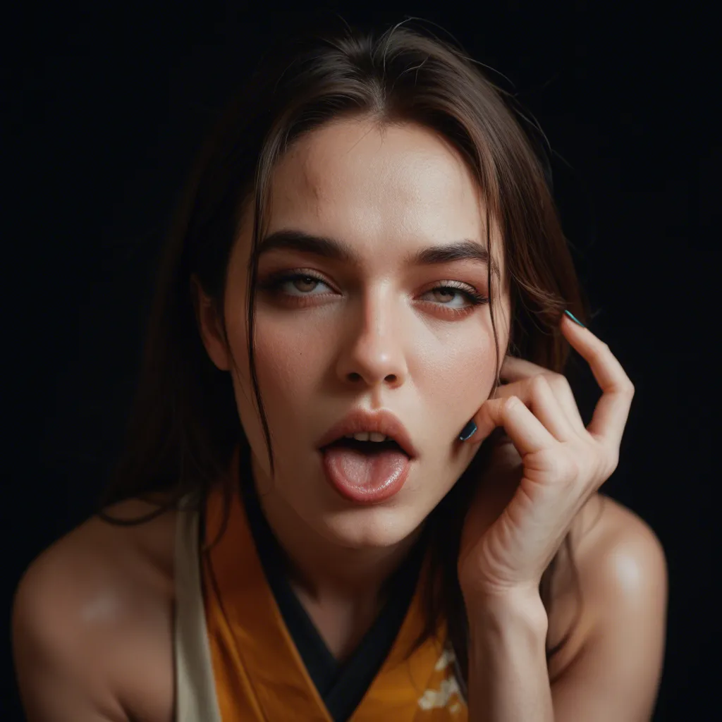 best quality, hyperrealistic, solo, nail polish, japanese clothes, ahegao, black background, from above, lifelike render