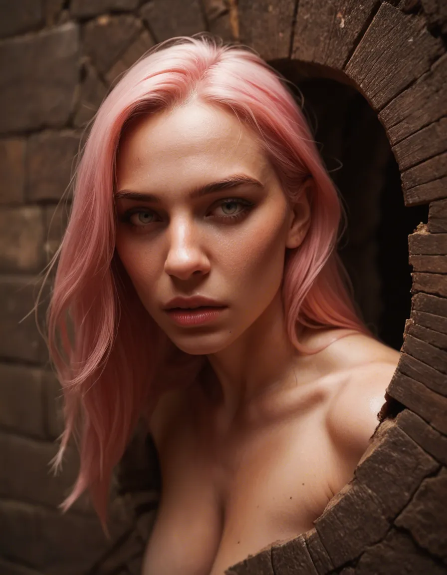 long pink hair , naked girl, stuck in a hole, tentacles beneath the hole, not above the hole, swarming inches away., score_9, score_8, candid photo, realistic skin texture, visible skin pores, film grain, depth of field