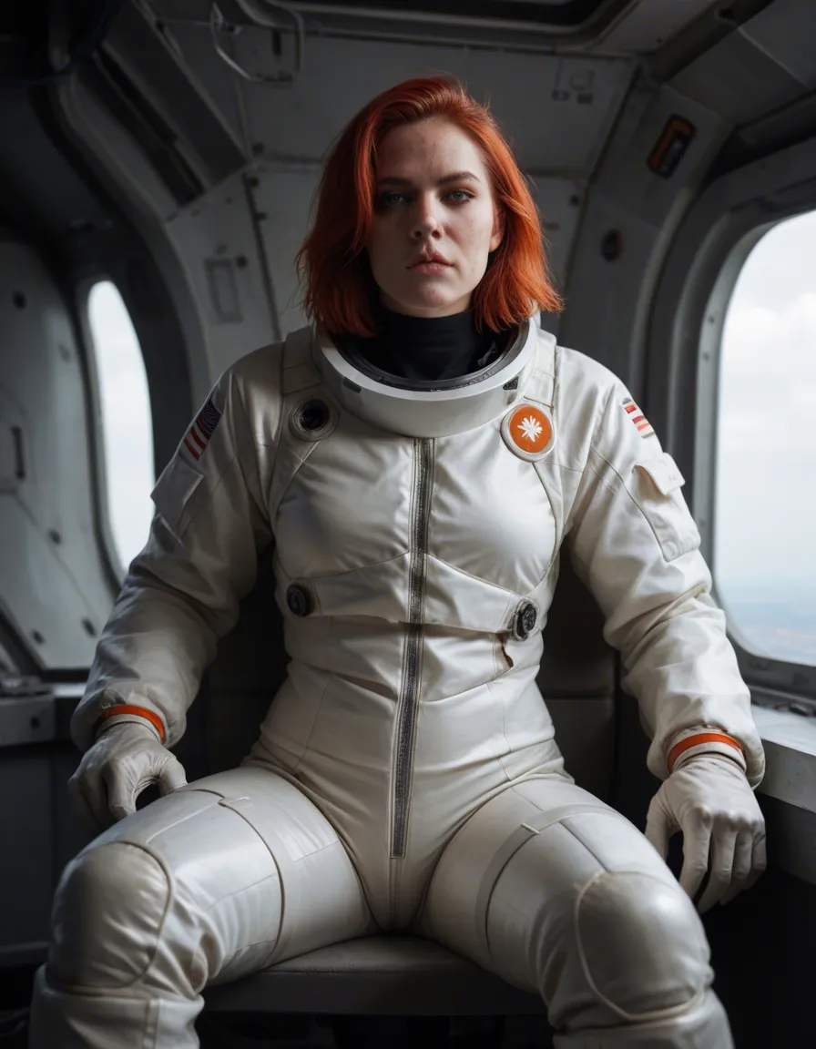 Red hair woman in orange spacesuit astronaut skafander. Bondaged Into the comander seat on spaceship. sitting with legs apart, score_9, score_8, candid photo, realistic skin texture, visible skin pores, film grain, depth of field