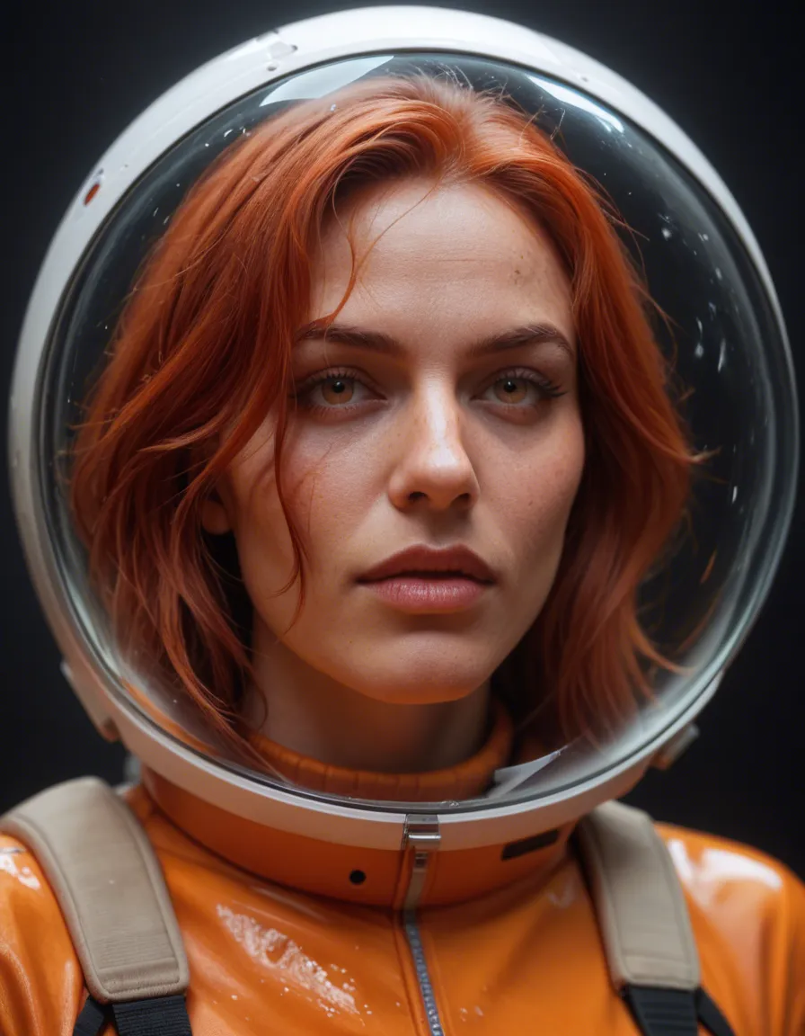 Red hair astronaut woman in orange spacesuit scafander is bondaged in to the commander seat with alien tentacles and alien slime glue., score_9, score_8, candid photo, realistic skin texture, visible skin pores, film grain, depth of field