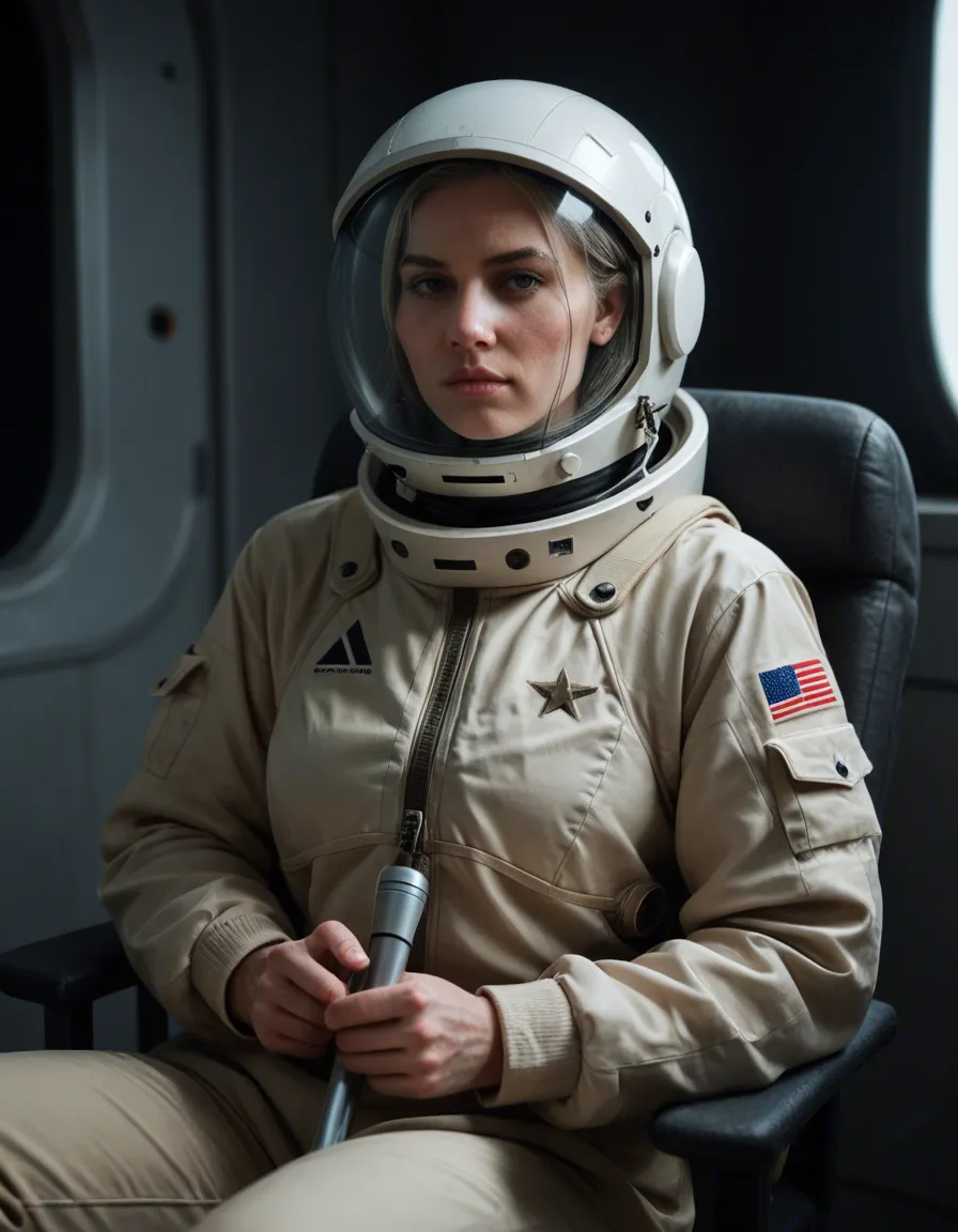 A female astronaut in a spacesuit sits in a chair and plays with a Magic Wand., score_9, score_8, candid photo, realistic skin texture, visible skin pores, film grain, depth of field