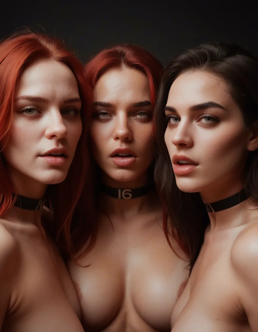 RAW photo, ultra realistic, 4women, red hair, choker, ahegao, dramatic lighting, dslr quality, score_9, score_8, candid photo, realistic skin texture, visible skin pores, film grain, depth of field