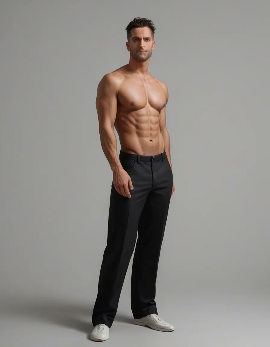 professional photo, high detail, full body, 1boy, topless, curvy figure, transparent background, confident gaze, RAW photo, score_9, score_8, candid photo, realistic skin texture, visible skin pores, film grain, depth of field