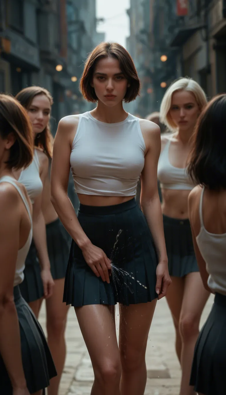 best quality, hyperrealistic, 5women, short hair, pleated skirt, squirting, studio photo