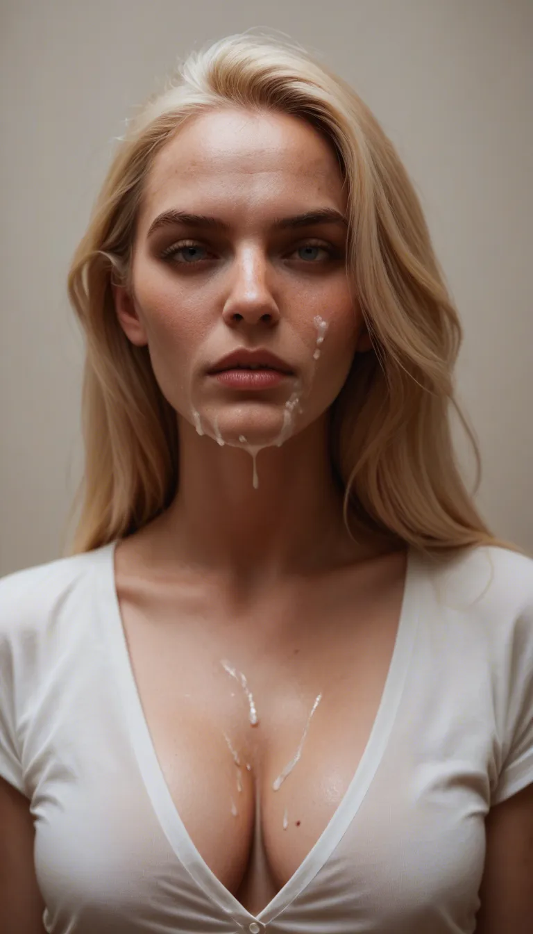 ultra HD, lifelike,, cleavage, shirt, blond big tits blow job cum on face