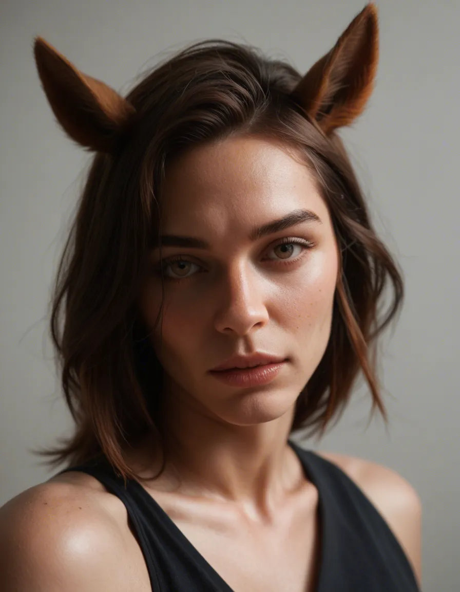 studio quality, sharp focus, over the shoulder, solo, presenting, horse ears, dslr quality, score_9, score_8, candid photo, realistic skin texture, visible skin pores, film grain, depth of field