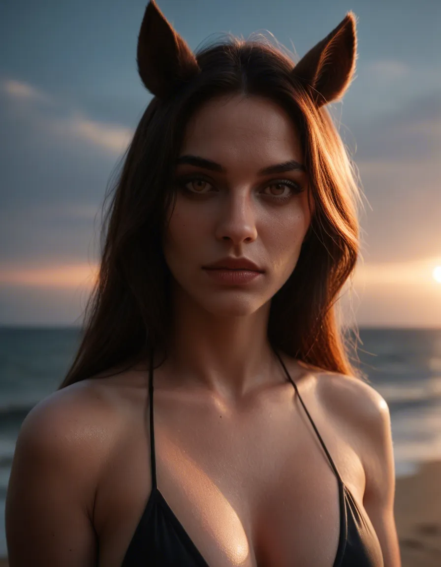 cinematic photo, 8k, succubus, horse ears, bikini, topless, blue sky, extreme close-up, soft lighting, RAW photo, score_9, score_8, candid photo, realistic skin texture, visible skin pores, film grain, depth of field