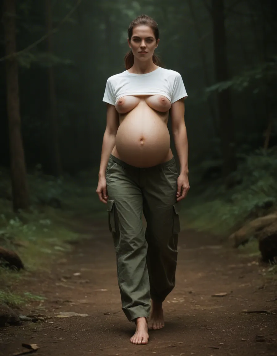 Photo realistic, a pregnant woman, wearing baggy cargo pants that cover her feet, a small shirt, no bra, barefoot, walking in woods., score_9, score_8, candid photo, realistic skin texture, visible skin pores, film grain, depth of field