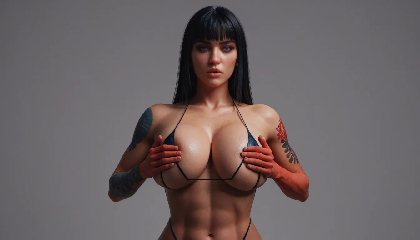 busty woman huge breasts, almond blue eyes pursed lips long black hair fringe hairstyle hands on breast arching back shiny black micro slingbikini big blue shoulder tattoos red arm tattoos, library