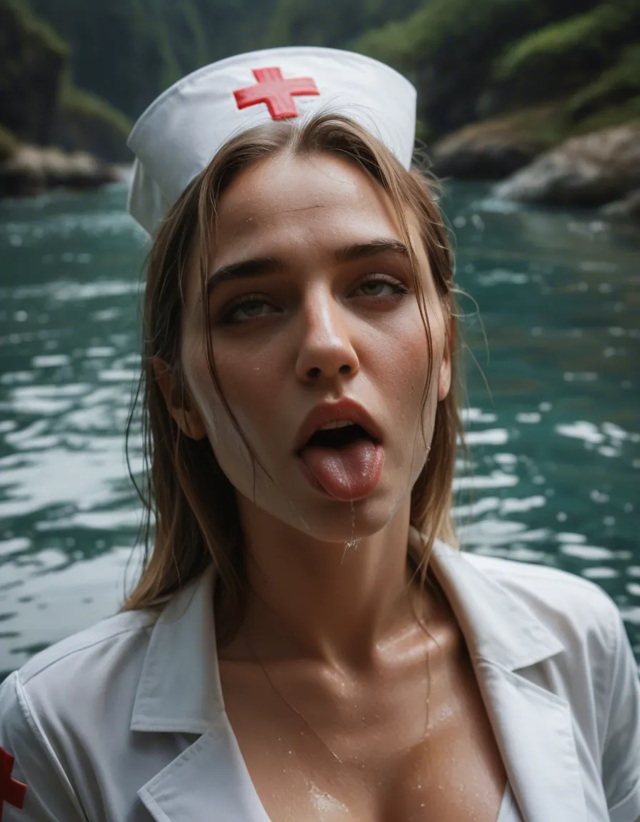 cinematic photo, 8k, portrait, nurse, ahegao, feet out of frame, water, dslr quality, score_9, score_8, candid photo, realistic skin texture, visible skin pores, film grain, depth of field