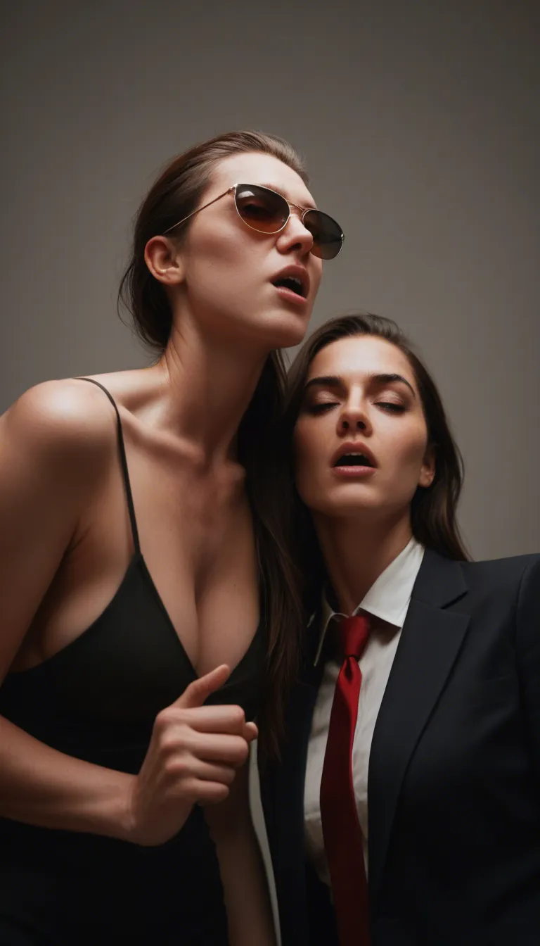 best quality, hyperrealistic, 2women, sunglasses, necktie, moaning, simple background, from below, studio lighting, cinematic realism