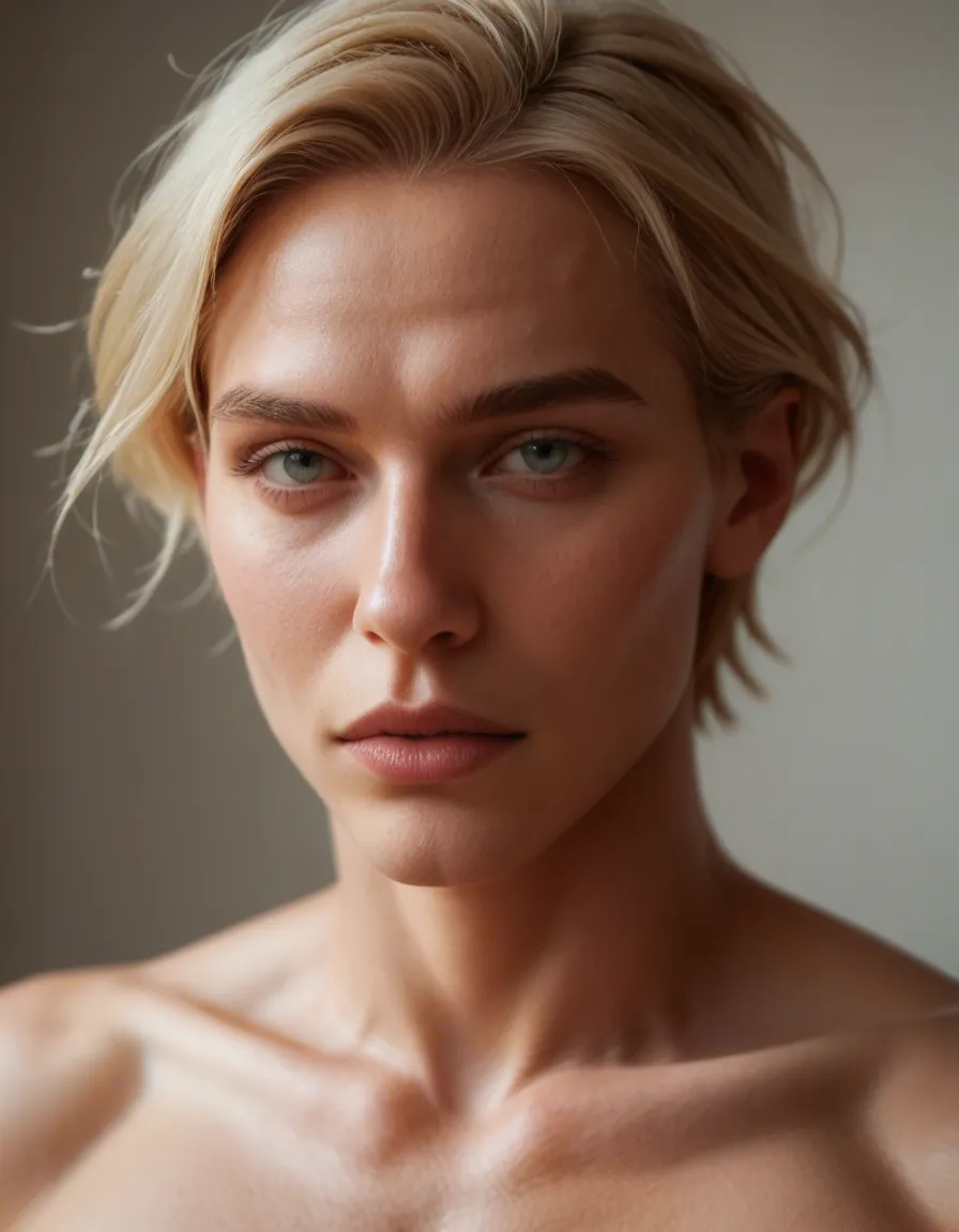 A man short hair naked with a big dick, blonde, score_9, score_8, candid photo, realistic skin texture, visible skin pores, film grain, depth of field