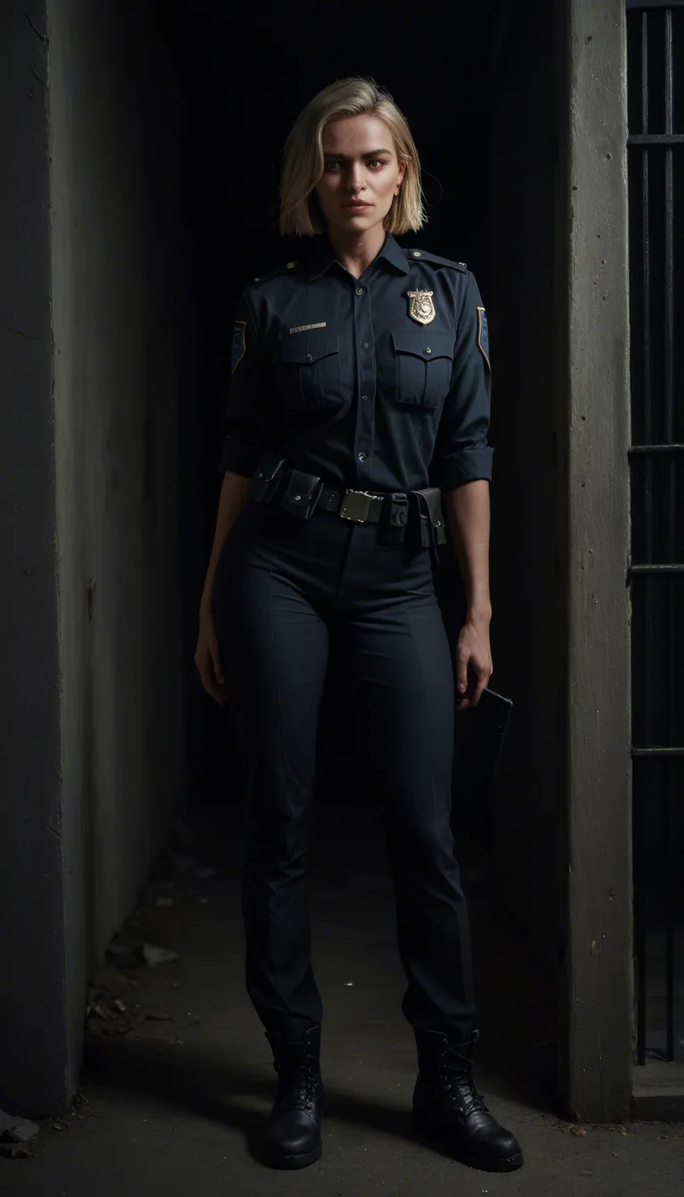 A short blonde mature_female wearing a police uniform, black uniform pants, white panties, and black utility boots is standing outside a jail cell. She is having interracial standing sex with a prisoner with a large penis through the bars. Dramatic lighting, ultra realistic, full body.