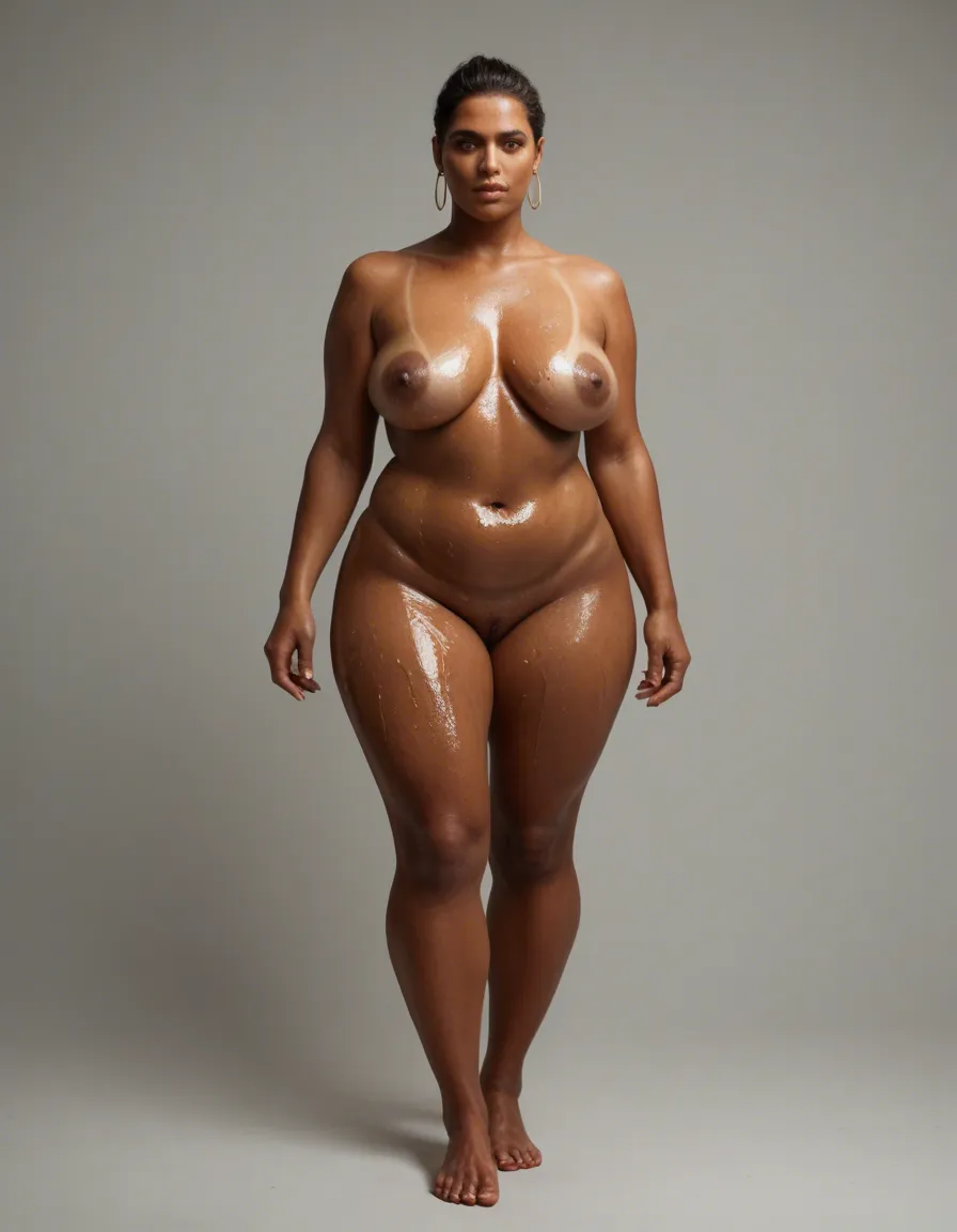 Raw photo, full-body shot of a voluptuous Indian woman with a soft, chubby build, standing in a quiet, out-of-focus zoo enclosure. Her skin is deep bronze and glistening with a heavy layer of moisturizing oil, creating high-contrast specular highlights across her curves. She is completely nude, showcasing realistic skin textures, natural folds, and a soft belly. The lighting is natural, dappled sunlight filtering through overhead tropical foliage, creating a serene yet gritty atmosphere. Shot on 35mm lens, f/2.8, ISO 100, shutter speed 1/250, ultra-detailed skin pores, sweat beads, and subtle oil streaks. High dynamic range, photorealistic, 8k resolution, neutral eye-level perspective., score_9, score_8, candid photo, realistic skin texture, visible skin pores, film grain, depth of field