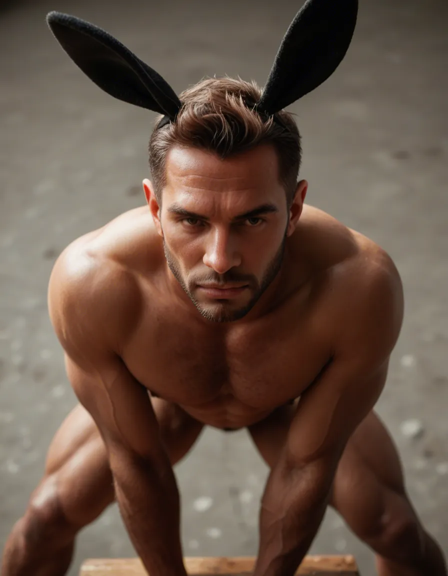 8k, sharp focus, detailed skin, from above, male focus, bent over, fake animal ears, natural skin texture, score_9, score_8, candid photo, realistic skin texture, visible skin pores, film grain, depth of field