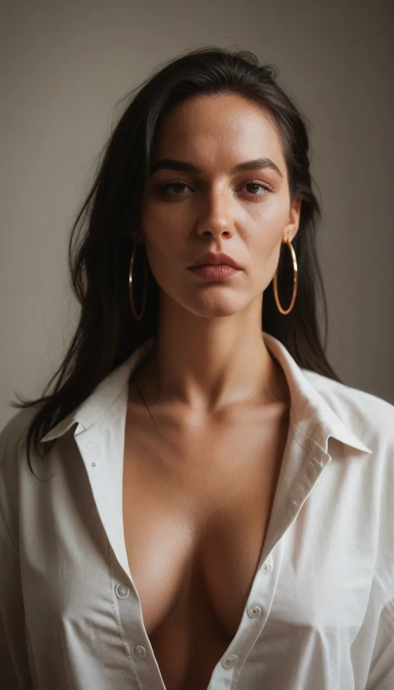 Mature woman about 45 years old with northern European features, long loose black hair, black eyes, hoop earrings, wearing an unbuttoned blouse, she is sucking the erect penis of the observer and maintains eye contact with the latter, she takes the penis out of her mouth just in time before he ejaculates squirting it on her face