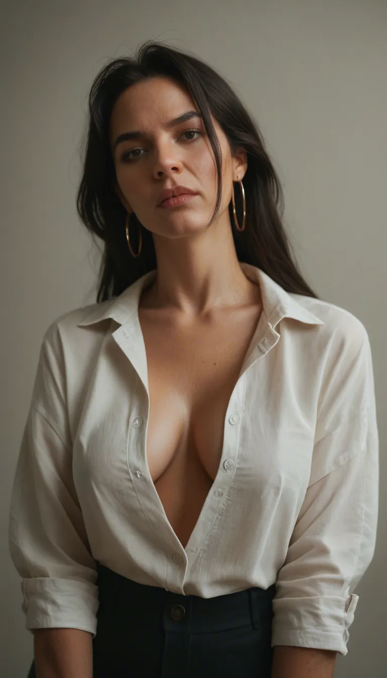Mature woman about 45 years old with northern European features, long loose black hair, black eyes, hoop earrings, wearing an unbuttoned blouse, the scene begins with the woman sucking the erect penis of the observer and maintaining eye contact with the latter, she takes the penis out of her mouth just in time before he ejaculates squirting it on her face