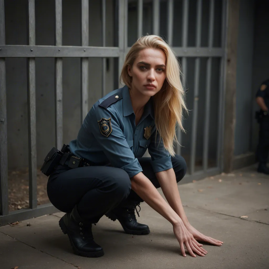 A mature_female, blonde and short, wearing a police uniform, black uniform pants, light blue panties, and black utility boots, is squatting outside a jail cell. She is giving an interracial deepthroat blowjob to a prisoner and fingering herself. Her pants and panties are around her ankles. Dramatic lighting, ultra realistic, full body.