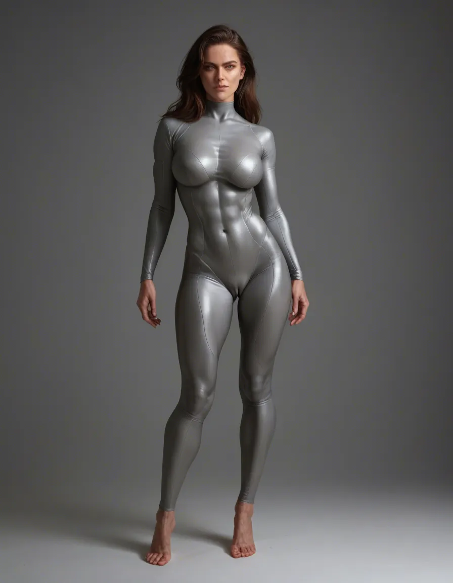 mature_female, gray bodysuit, busty, curvy, fit, full body, wide hips, cameltoe, score_9, score_8, candid photo, realistic skin texture, visible skin pores, film grain, depth of field