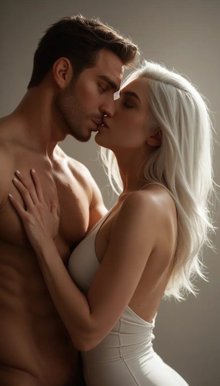 studio quality, sharp focus, couple, white hair, alternate costume, arching back, backlit, studio photo
