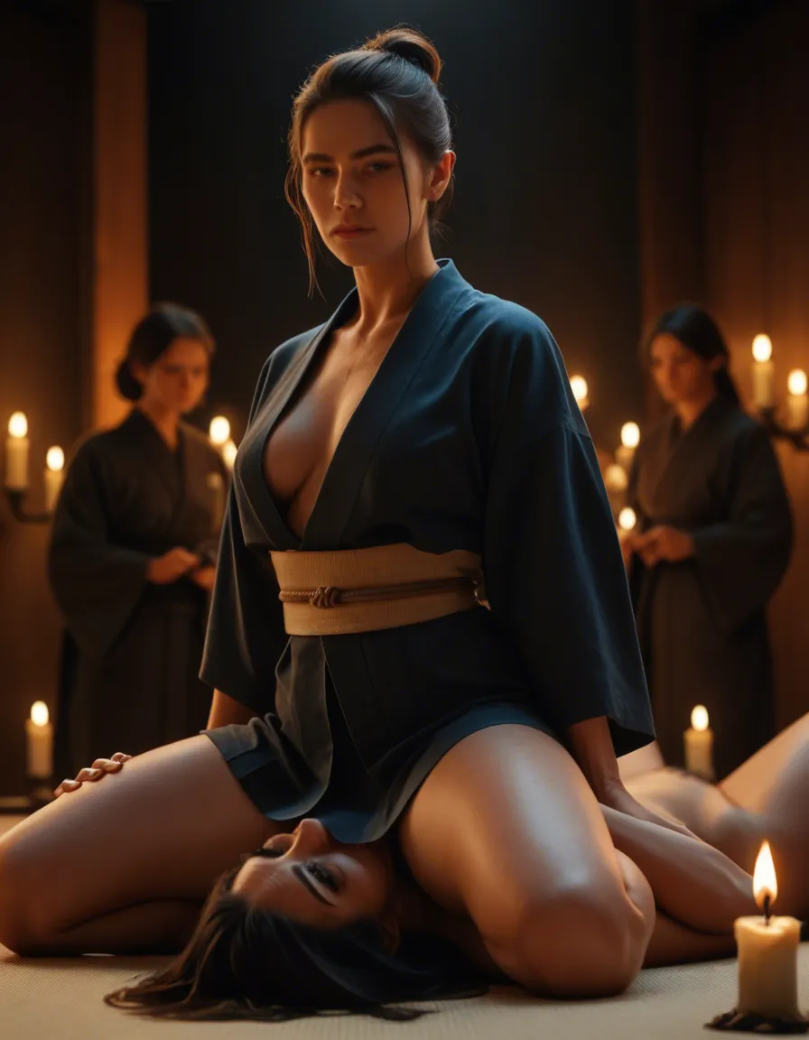 dslr, film grain, photorealistic, 4women, thick thighs, japanese clothes, facesitting, three-quarter view, candlelight, film photography, score_9, score_8, candid photo, realistic skin texture, visible skin pores, film grain, depth of field