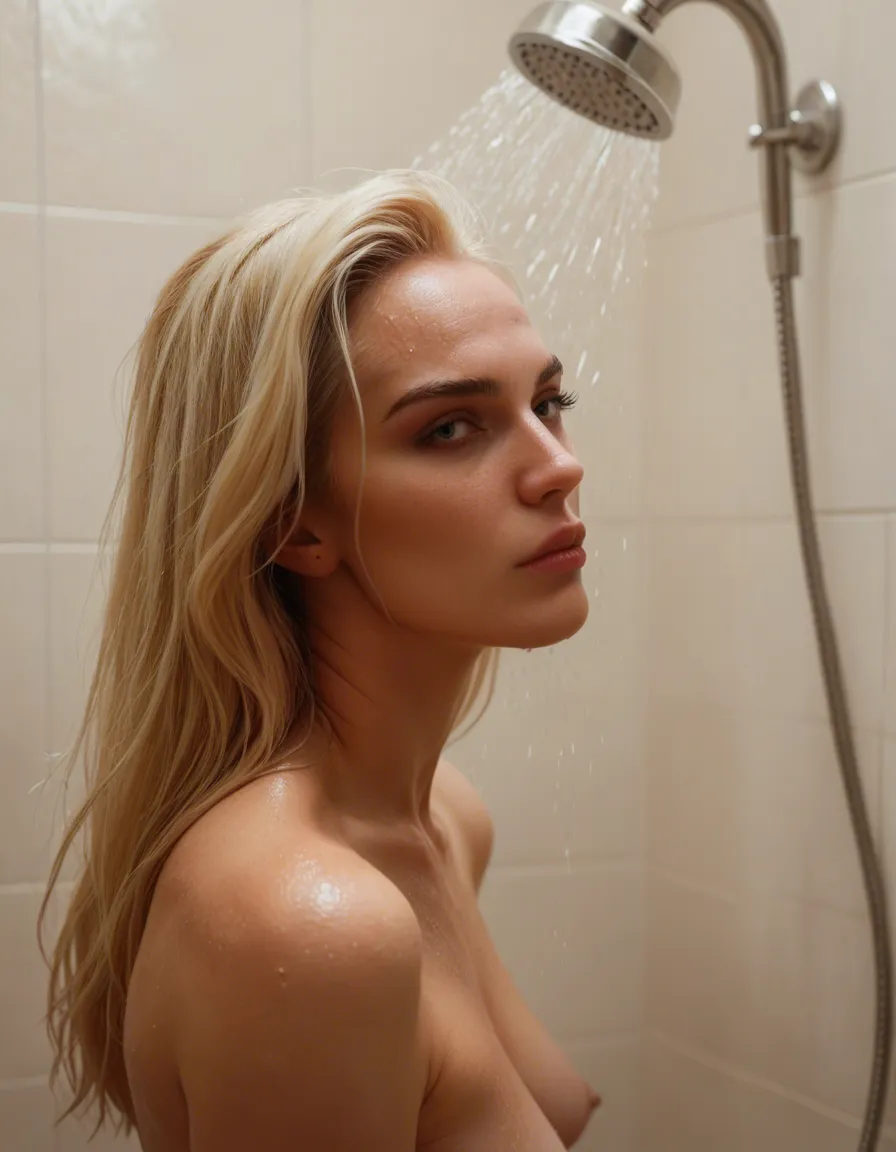 in shower man suck boobs wife blonde 44 year old  nude, score_9, score_8, candid photo, realistic skin texture, visible skin pores, film grain, depth of field