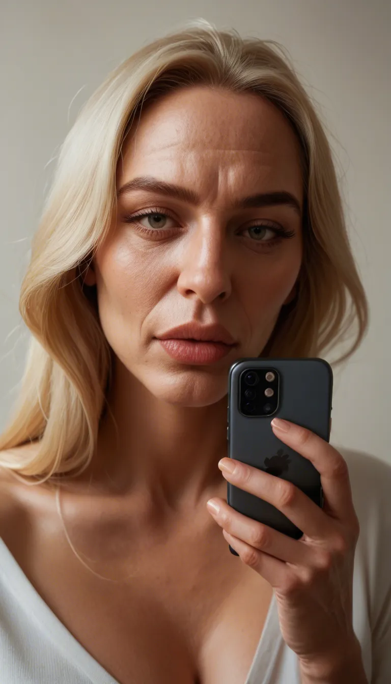 old mature blonde housewife with a long face, big nose, full lips, prominent jawline, big saggy old-looking natural drooping jiggling tits with extremely oversized areolas and extremely oversized hard nipples is laughing hilariously wide-eyed and shocked and pointing because she turned me into a cuckold; Beachside villa at night