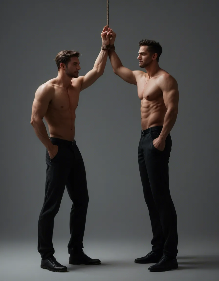 highly detailed, natural lighting, 2boys, bondage, black footwear, gradient background, lifelike render, score_9, score_8, candid photo, realistic skin texture, visible skin pores, film grain, depth of field