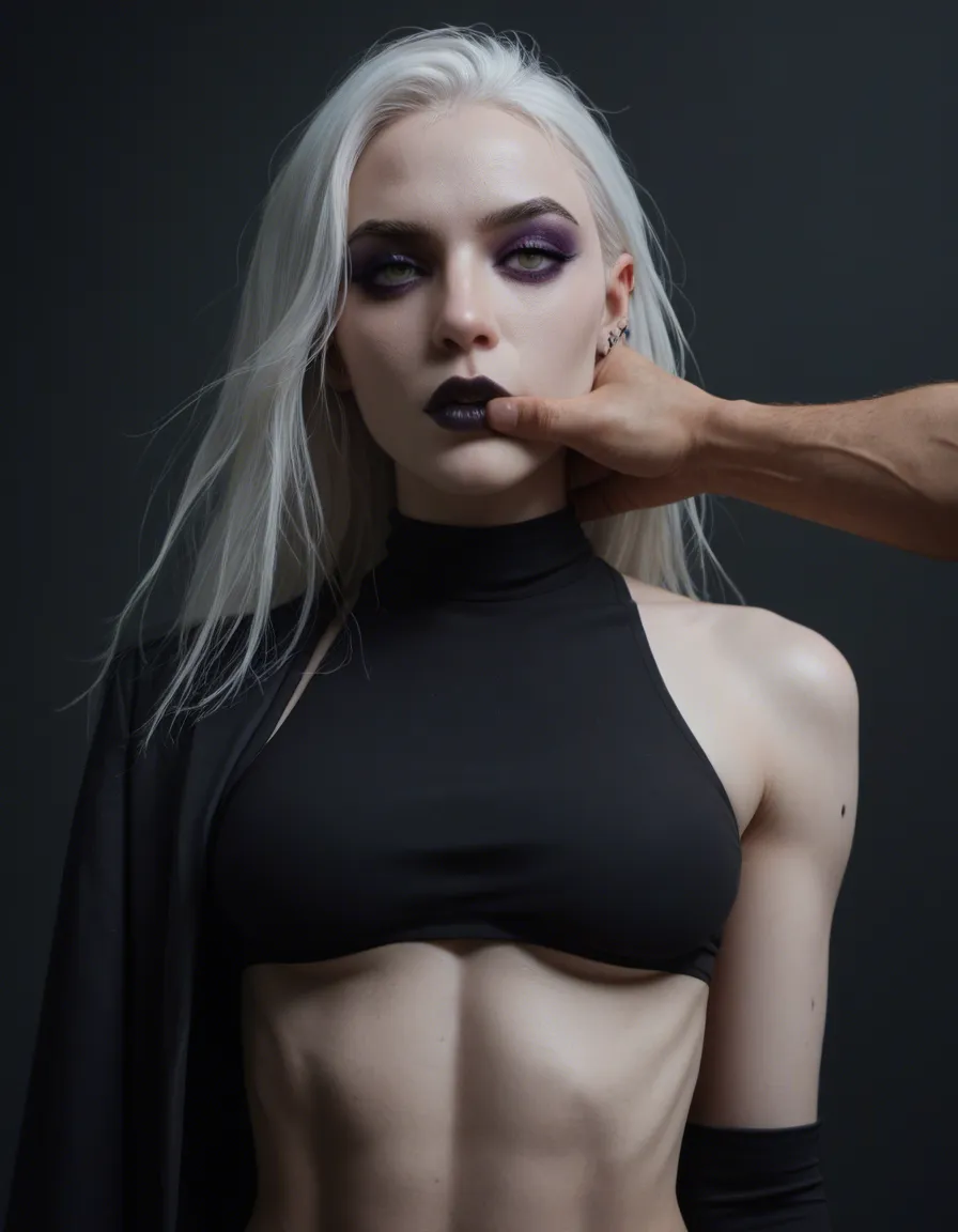 Uhd Masterpiece 8k highly detailed, 1woman 1boy, goth slim short slender woman with pale skin, long straight White hairs, her white hairs falling and covering her face, dark purple eyeshadow, dark lips, she wears long stocky dark fingerless_gloves, black cloth bra, micro black panties on leg panties_around_one_leg, leg belt, naked toes black toe nails, she getting fucked from behind in the ass by big fat hairy male, sex_from_behind, standing_sex,woman on couch, small forward lean, big fat naked male, size_difference, expression less, rough sex, expression less, old house,, score_9, score_8, candid photo, realistic skin texture, visible skin pores, film grain, depth of field