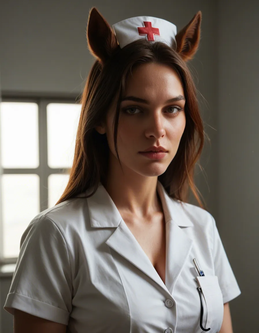professional photo, high detail, nurse, bondage, horse ears, sunlight, hyperrealistic, score_9, score_8, candid photo, realistic skin texture, visible skin pores, film grain, depth of field
