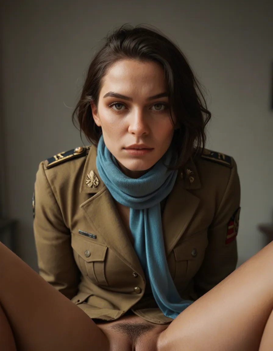 studio quality, sharp focus, POV, solo focus, spread legs, scarf, military, playful expression, film photography, score_9, score_8, candid photo, realistic skin texture, visible skin pores, film grain, depth of field
