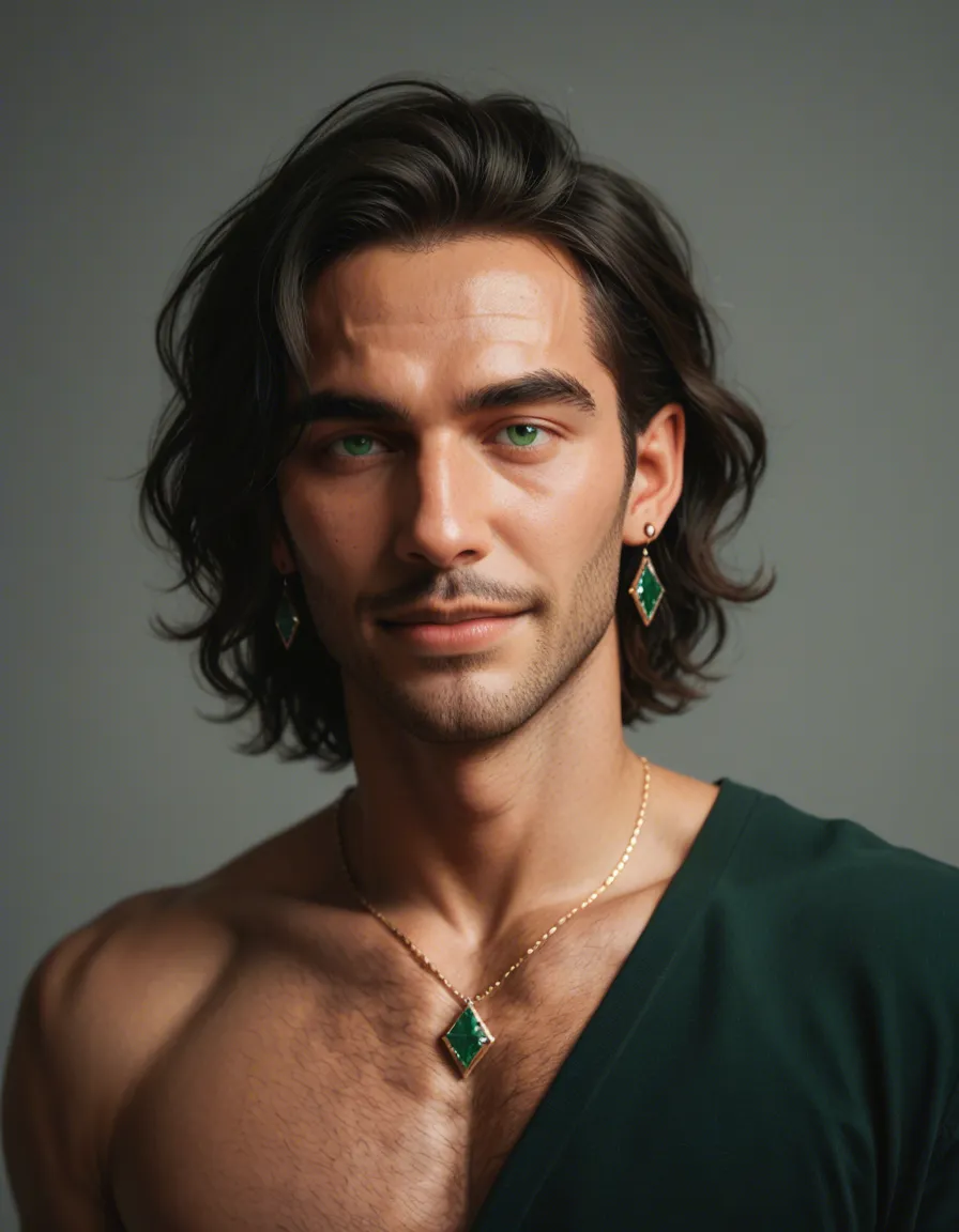 22 year old, 5’2” white submissive male, a beautiful smile that begs to kissed, shoulder length wavy black hair, both ears pierced with diamond stud earrings, slight runners build, emerald green eyes, a very pretty oval face, smooth body from the neck down, nicely defined upper body, a narrow waist, a small caged cock, with strong legs and a nice butt., score_9, score_8, candid photo, realistic skin texture, visible skin pores, film grain, depth of field