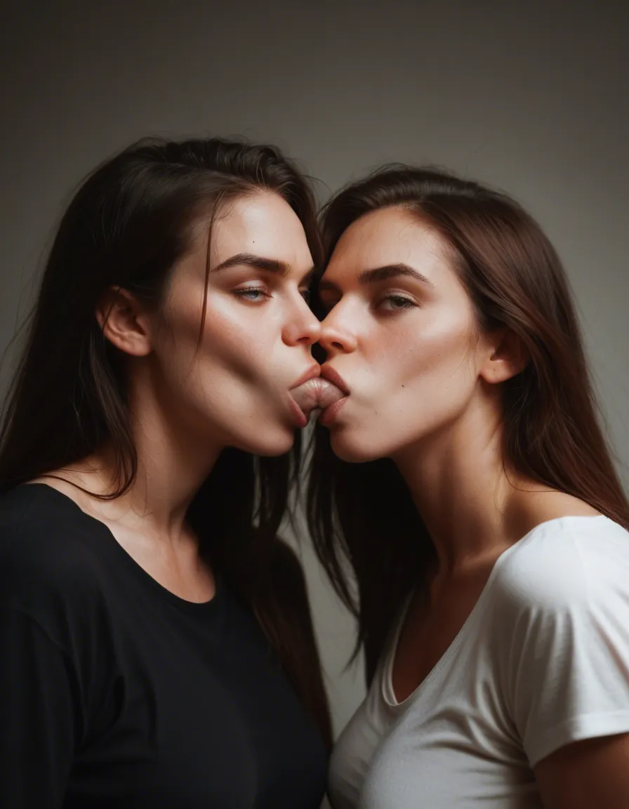 Two women, one white and one black, sucking a normal sized white cock, score_9, score_8, candid photo, realistic skin texture, visible skin pores, film grain, depth of field