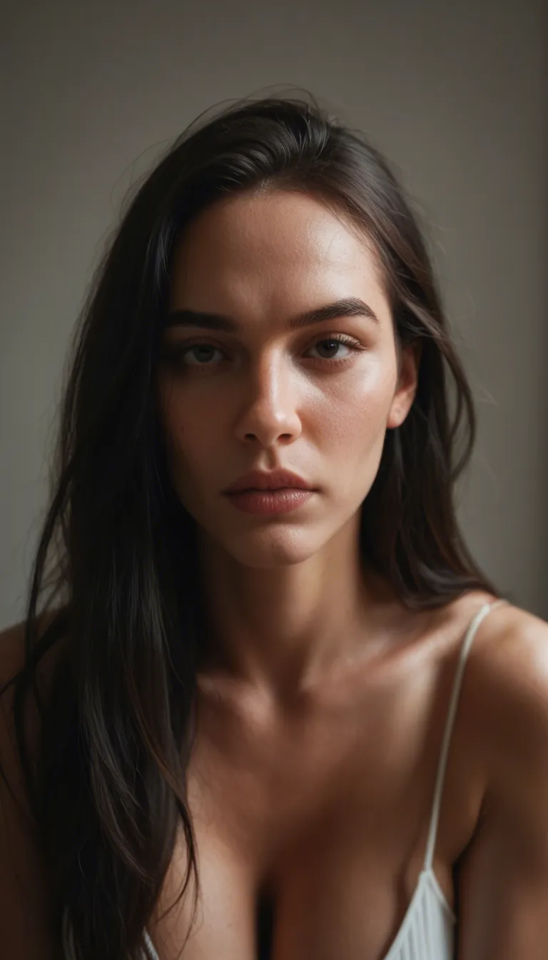 A frontal first-person view from bottom to up of a mature woman about 45 years old, small expression lines around her big black eyes, long loose black hair, silver hoop earrings, she wears an unbuttoned blouse, slender but shapely body, abundant breasts, sitting above the observer, leaning forward and clutching the erect penis of the observer with her hands who ejaculates several times, squirting the woman's hair and breasts with sperm
