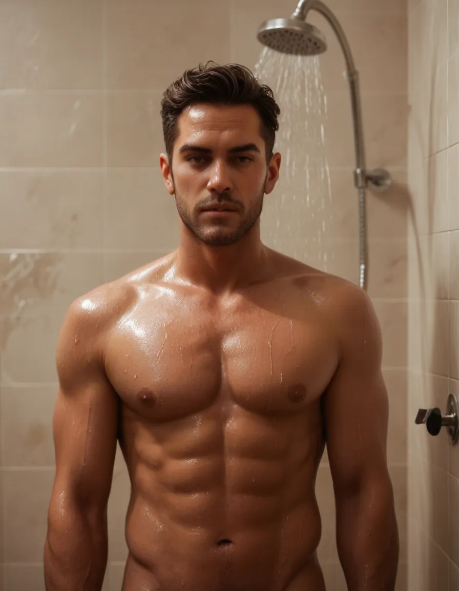 8k, sharp focus, detailed skin, gym showers, man washing self, jerking off, score_9, score_8, candid photo, realistic skin texture, visible skin pores, film grain, depth of field