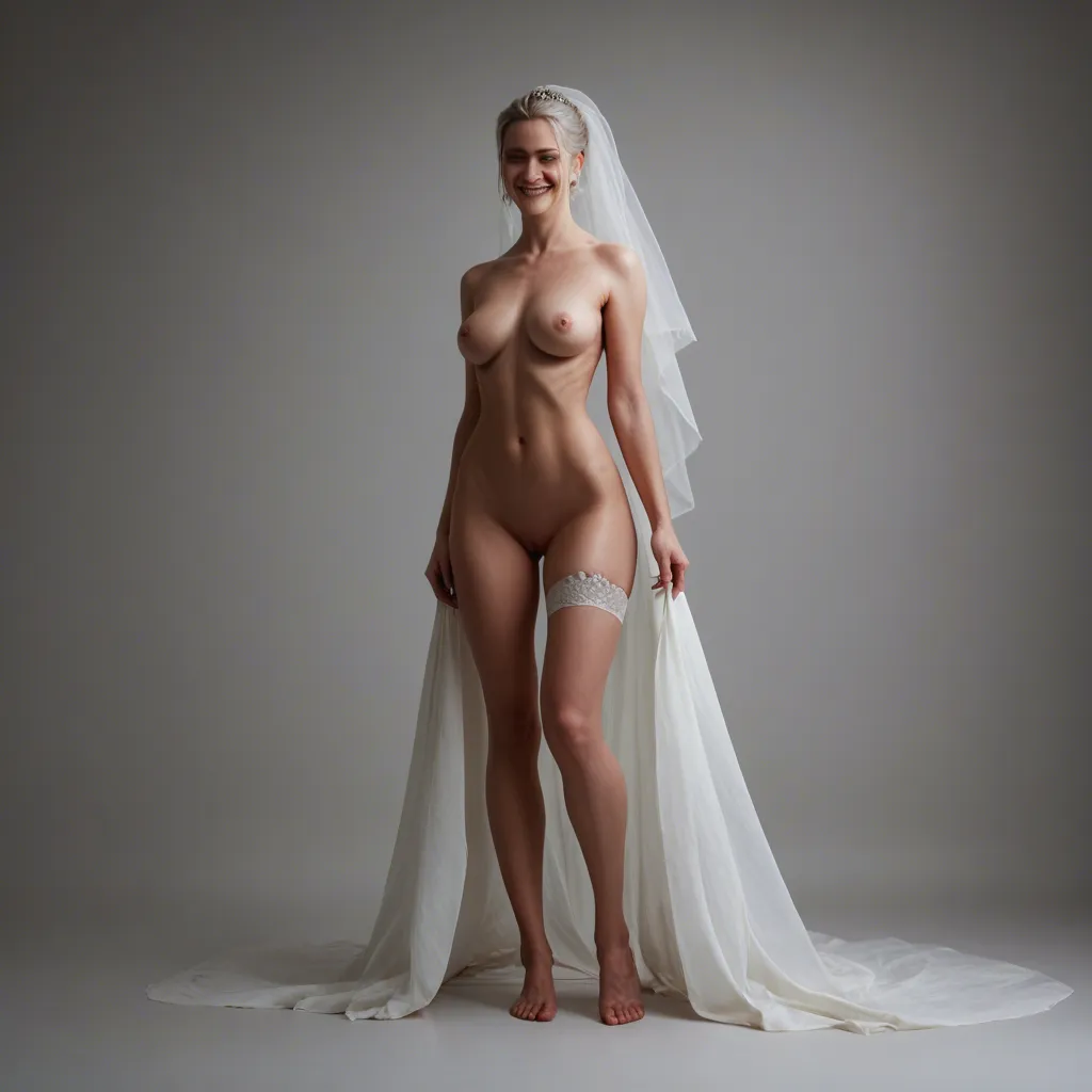 A bride in her wedding day standing at the alter completely naked no dress, no shoes, no underwear, nothing at all aside from the veil and wedding garter. Smiling ear to as clothes friends and family observe. She’s the only one naked.