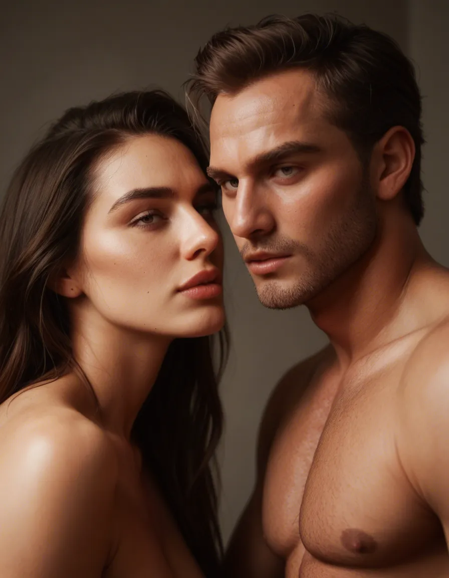 sharp focus, 8k uhd, dutch angle, couple, fully nude, lips, natural skin texture, score_9, score_8, candid photo, realistic skin texture, visible skin pores, film grain, depth of field