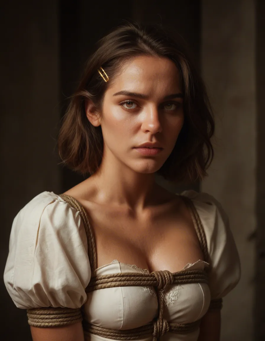 8k, sharp focus, detailed skin, princess, hairclip, puffy sleeves, bondage, golden hour, film photography, score_9, score_8, candid photo, realistic skin texture, visible skin pores, film grain, depth of field