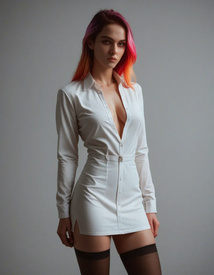 1girl, solo, egirl style, colored hair, miniskirt, dress_shirt, thighhighs, score_9, score_8, candid photo, realistic skin texture, visible skin pores, film grain, depth of field, score_9, score_8, candid photo, realistic skin texture, visible skin pores, film grain, depth of field