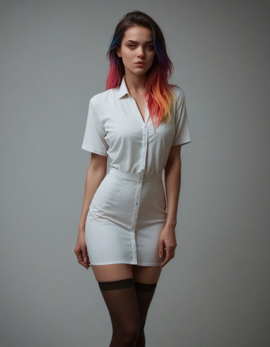 1girl, solo, egirl style, colored hair, miniskirt, dress_shirt, thighhighs, score_9, score_8, candid photo, realistic skin texture, visible skin pores, film grain, depth of field, score_9, score_8, candid photo, realistic skin texture, visible skin pores, film grain, depth of field, score_9, score_8, candid photo, realistic skin texture, visible skin pores, film grain, depth of field