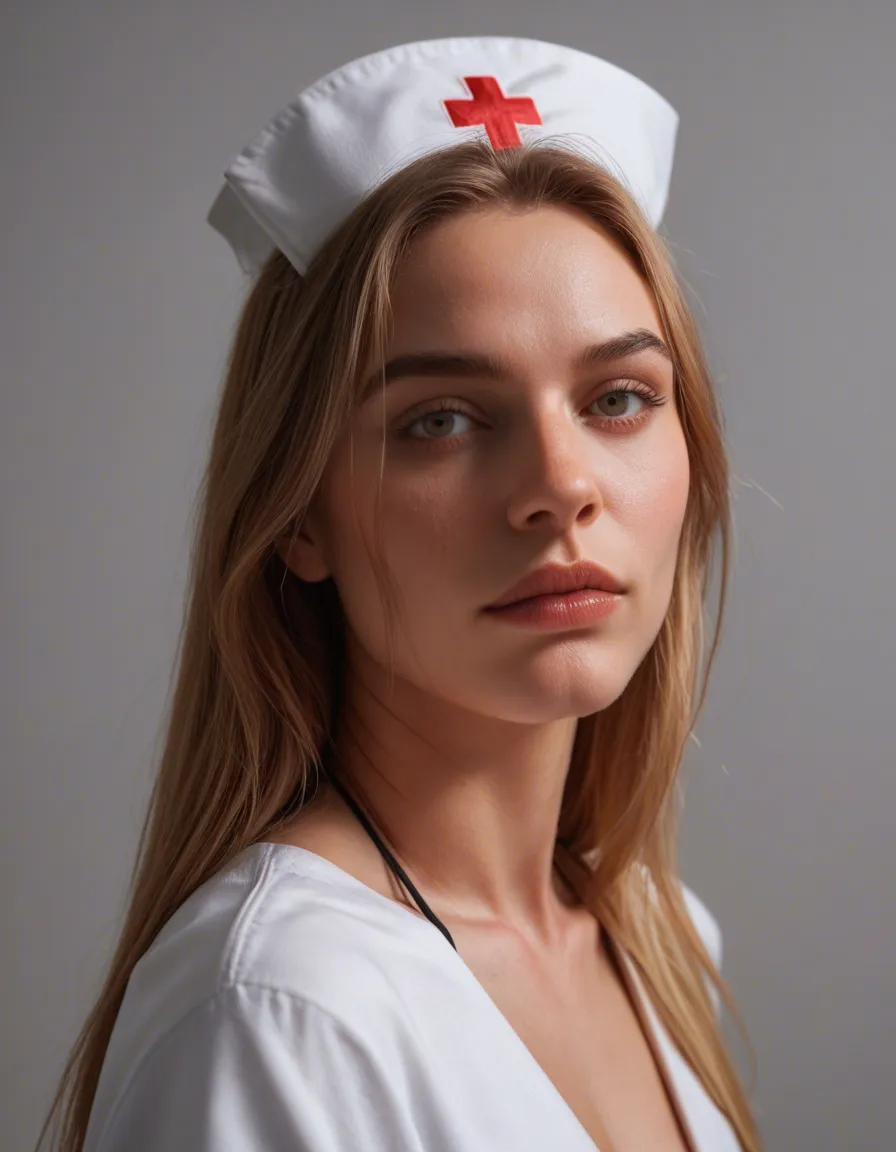 best quality, hyperrealistic, nurse, bare shoulders, long sleeves, presenting, transparent background, close-up, studio photo, score_9, score_8, candid photo, realistic skin texture, visible skin pores, film grain, depth of field