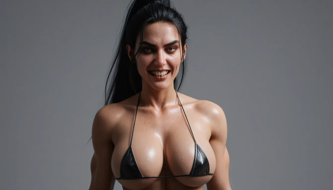 view side zoom on face, busty athletic woman huge breasts lean back arching back, shiny black micro bikini long black hair fringe hairstyle high ponytail vampire teeth evil laugh almond red eyes, big blue shoulder tattoos blue arm tattoos, dark castle