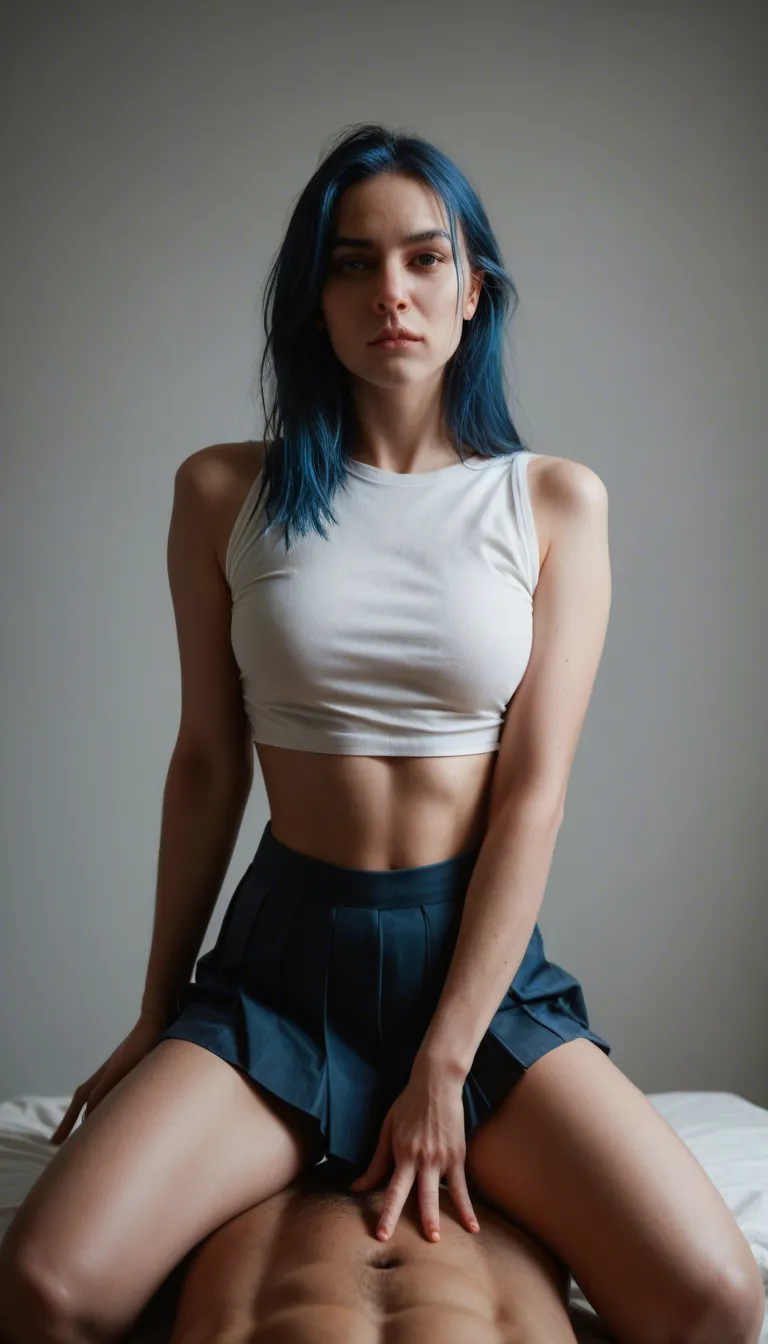 sharp focus, 8k uhd, solo female, blue hair, pleated skirt, reverse cowgirl_position irl, studio lighting, 8k uhd photo, emo girl Latina, ahegao,
